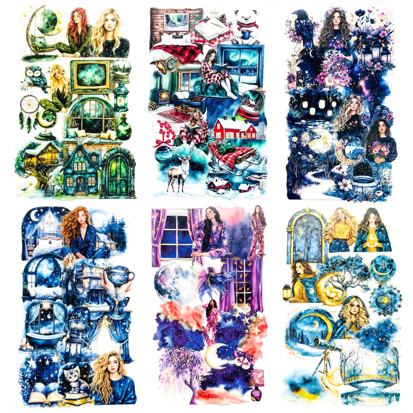 180 PCS Fantasy Midnight Aesthetic Scrapbook Stickers – Boho Watercolor Dreamy Night Sky, Moon, Stars, Girls, Crystal Ball, Witchy Celestial, Galaxy Clear Stickers for Journaling, Resin Crafts, Laptop