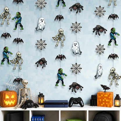 Cheerland Pixel Halloween Garland Set 6 Pcs Cute Halloween Decorations for Gamer Theme Party Retro 8-Bit Kids Halloween Decor Wall Hanging Banner Spider Zombie Ghost Skeleton Spooky Monster Garland