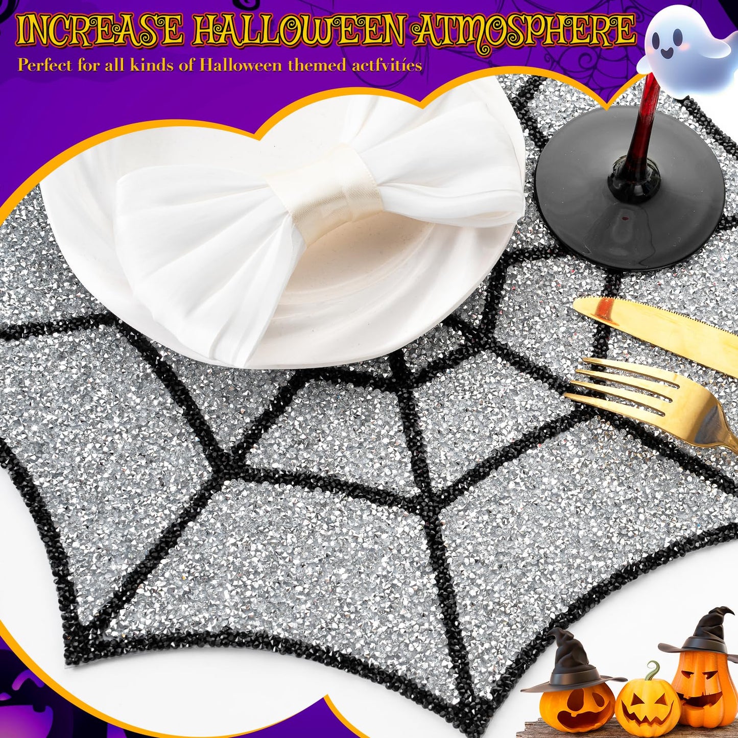 Cumouna Halloween Spiderweb Placemat, Halloween Table Mats Thanksgiving Fall Sparkle Spider Web Decoration Placemat for Centerpiece Kitchen Table Party Tableware Decor