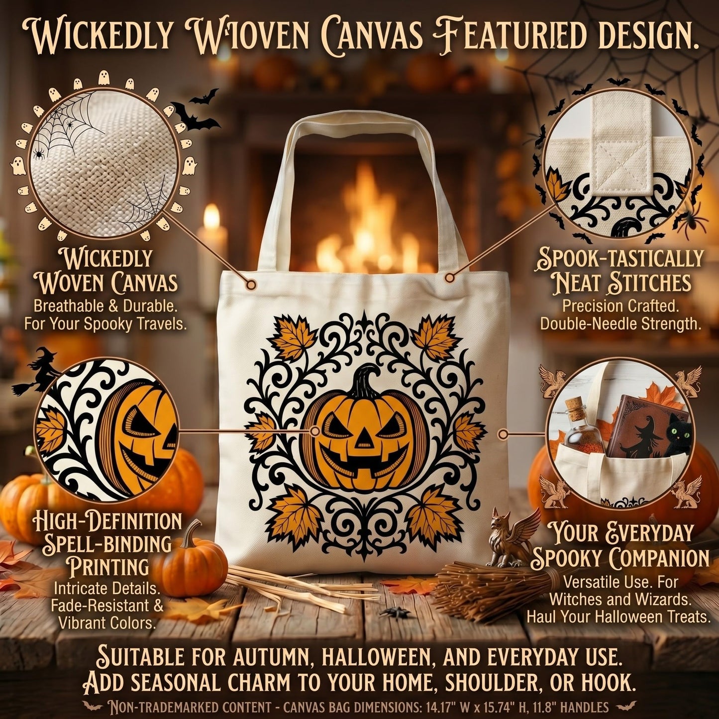 2 Pack Vintage Fall Halloween Canvas Tote Bags,Retro Gothic Ghost Witch Pumpkin Bat&Autumn Maple Leaf,Reusable Carryall Bags for Trick-or-Treat,Fall Harvest&Thanksgiving Gifting (Bat&Pumpkin)