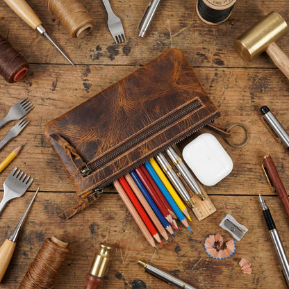 LEATHER TOWN Leather Pencil Case Pouch 8" x 4" - Leather Pen Case with Zipper (Antique Brown)