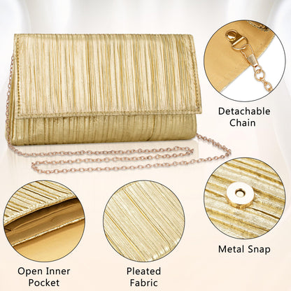 Tmore Clutch Purses for Women PU Leather Clutch Bag with Chain Handbags Soft Pleated Evening Bag (Gold)