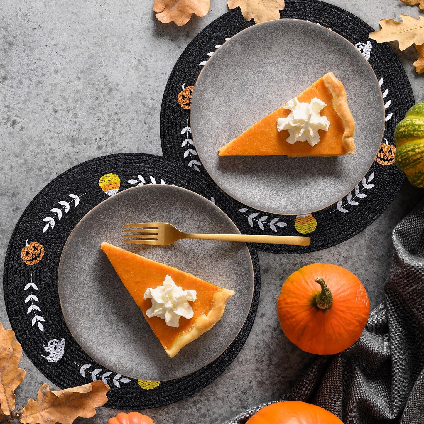 Whaline 4 Pcs Round Halloween Placemats Embroidered Ghost Pumpkin Candy Corn Place Mats Black Spooky Dinner Table Mats for Halloween Holiday Trick or Treat Party Table Decor