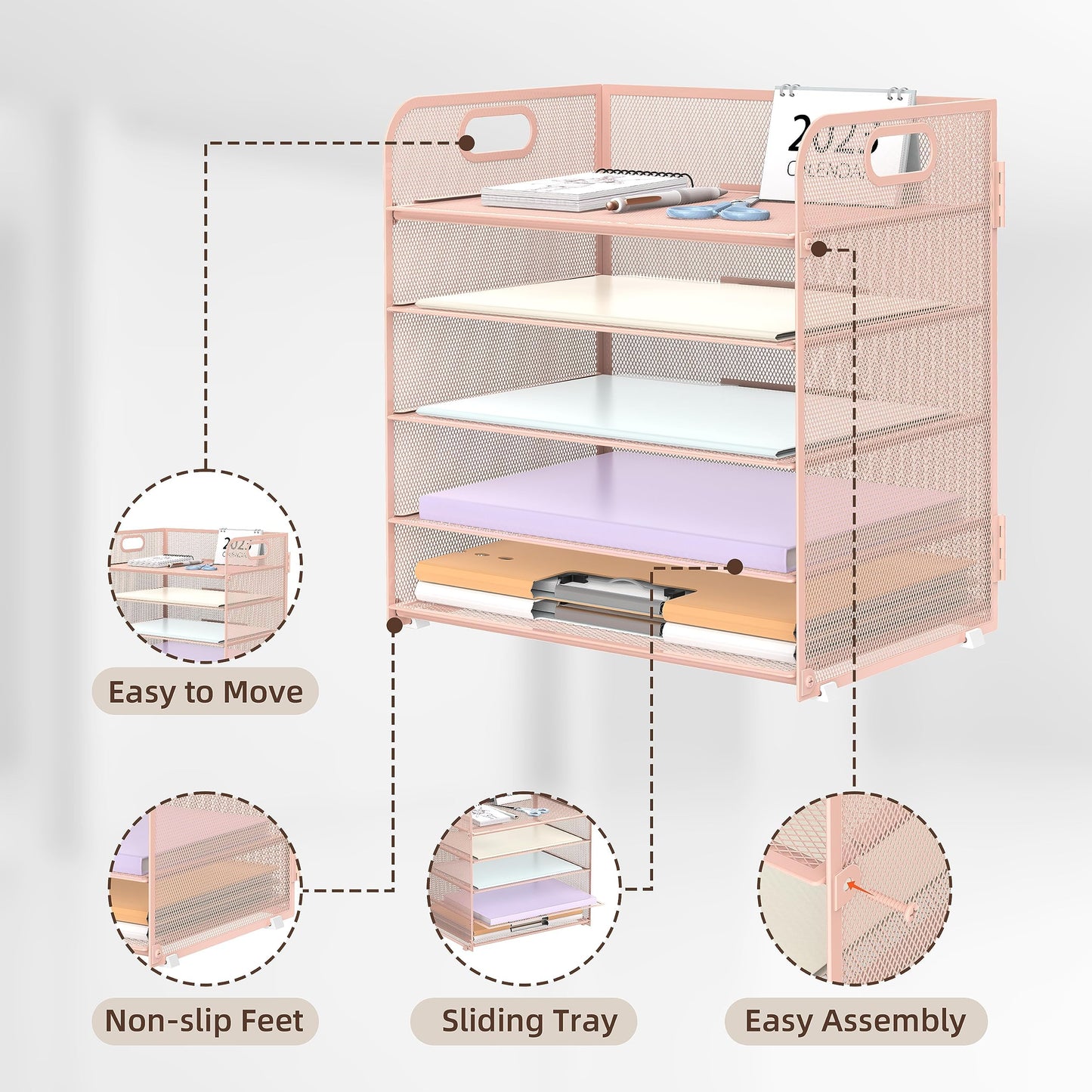 2 Pack 5-Tier Pink Desk Organizer with Handle Mesh Desk File/Paper Organizer Letter Tray for Office, School, Classroom and Home Easy Installation