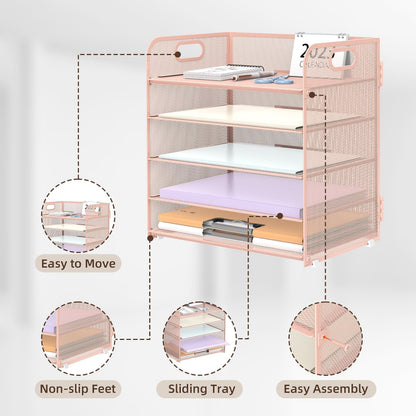 2 Pack 5-Tier Pink Desk Organizer with Handle Mesh Desk File/Paper Organizer Letter Tray for Office, School, Classroom and Home Easy Installation