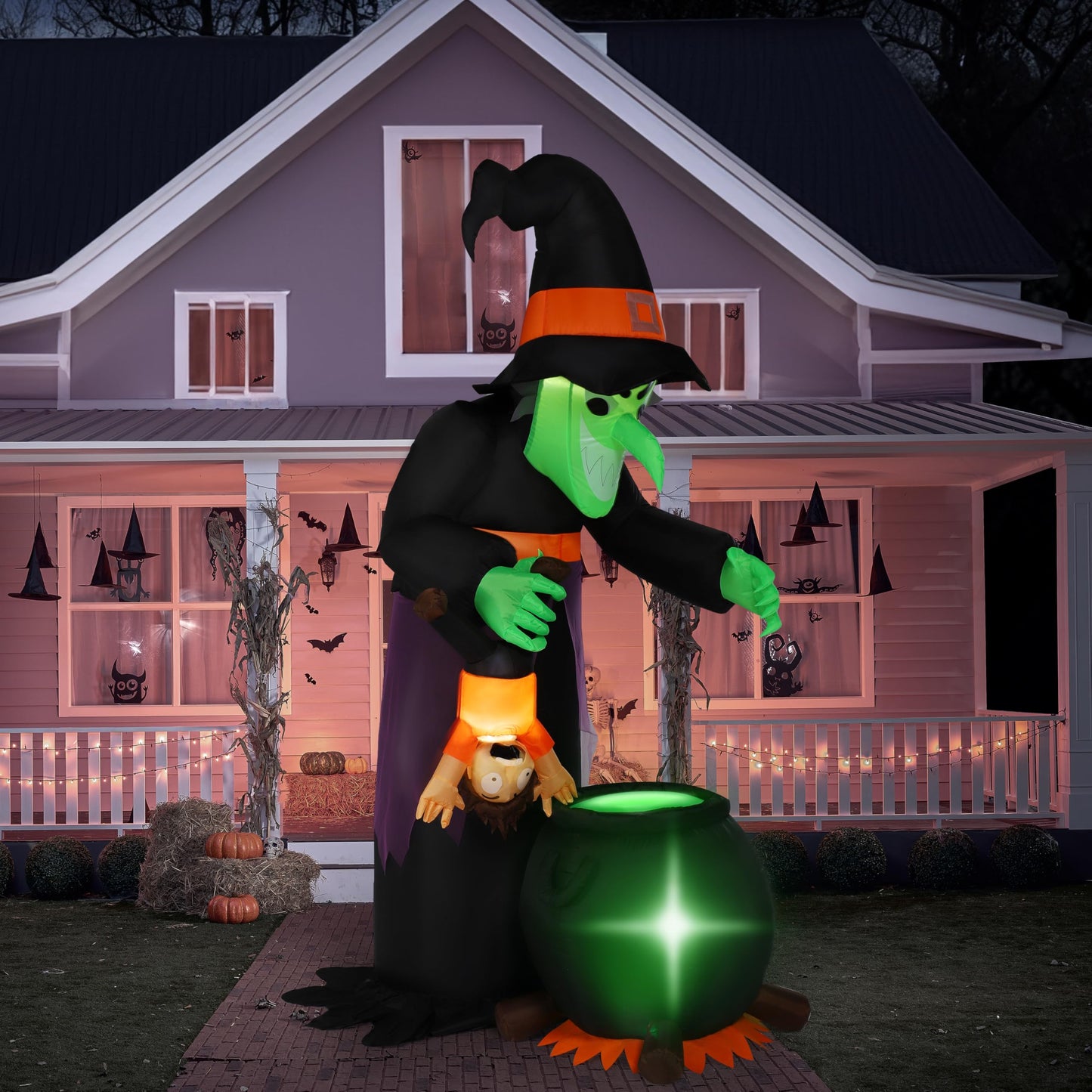 JOYIN 7FT Halloween Witch Animated Inflatable Decoration Witch Swinging Child Over Cauldron Inflatable Decoration Built in LED Giant Halloween Animatronics
