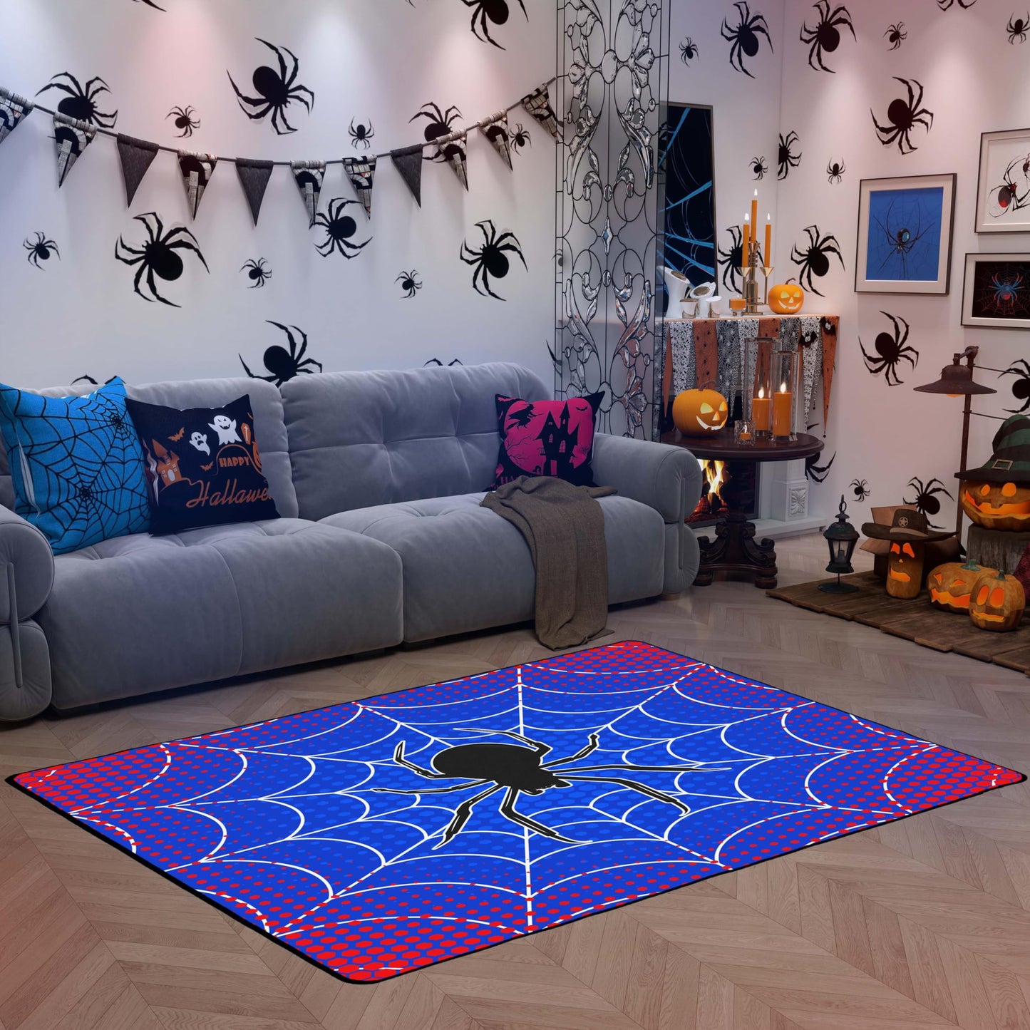 Spider Web Kids Area Rug,Black Spider Arachnid Insect Animals Indoor Floor Mat Entrance Rug for Boys Man Girls Women,Happy Halloween Non Slip Rug,Red Blue Fashion Couch Living Room Decor,3'x5'