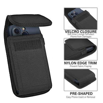 NUVAVO Holster for iPhone 17 16 15 14 13 12 11 Xs X XR/Pro Models, Cell Phone Belt Holder Case with Clip for Men, Heavy Duty Nylon Pouch (Fits Phone with Otterbox Cover on) Black