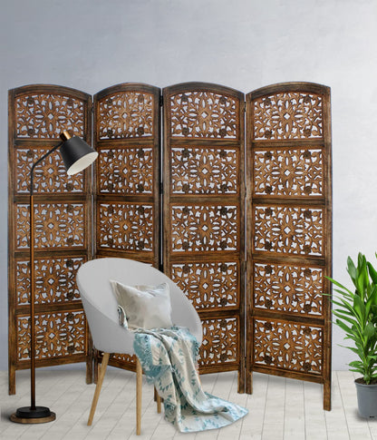 Room Divider Wood Screen - Rajasthan Antique Brown - 4 Panel Folding 72 x 80 - Intricate Hand Carved Decorative Functional Versatile Portable Partition Reversible Freestanding Privacy - COTTON CRAFT