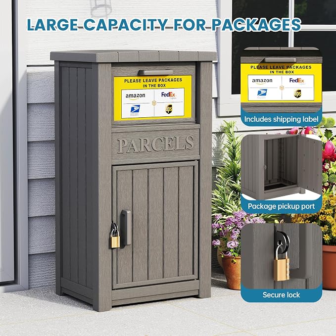Package Delivery Box for Outside with Sign, Large Lockable & Weatherproof Anti-Theft Parcel Drop Box for Porch, Curbside, House Storage, Gray(60 Gallon with Sign)