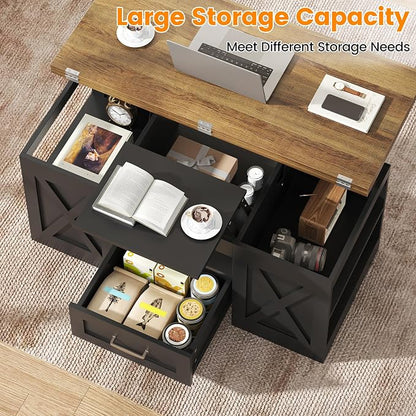 kepptory 39.4'' Lift Top Coffee Table with Storage, 4 in 1 Multi-Function Convertible Coffee Tables for Living Room, Farmhouse Coffee Table with Open Storage Compartment & Drawers (Brown&Black)
