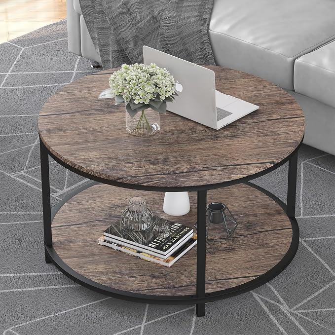 NSdirect Round Coffee Table, 27.5" Small Coffee Table for Living Room,2-Tier Rustic Wood Desktop with Storage Shelf Modern Design Home Furniture(Light Walnut)