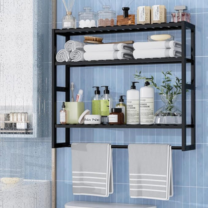 PPN Extra Large Towel Rack Bathroom Storage Shelves Over The Toilet with Towel Bar 100% Bamboo Adjustable Height Floating Shelf Wall Shower Shelf for Small Space Bathroom Kitchen Multi Usage