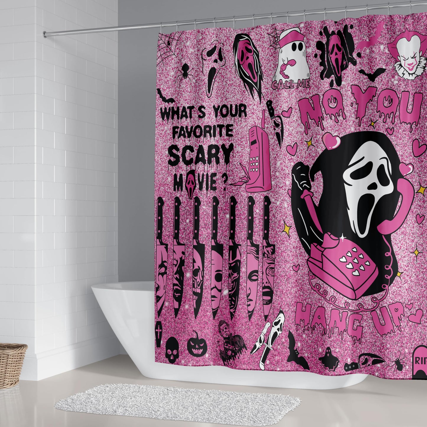 ONIBOGO 4Pcs Halloween Shower Curtain Set Gothic Pink Scary Shower Curtain Set for Halloween Bathroom Decor with Anti-Slip Waterproof Bathtub Bathroom Rugs Toilet Lid Cover