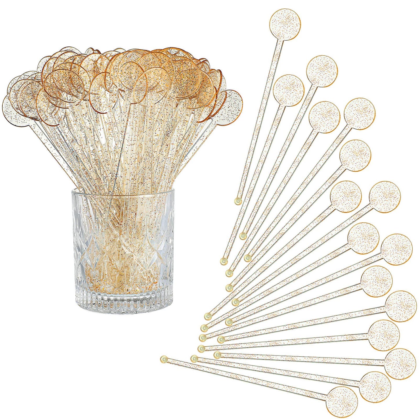 Marsui 240 Pieces 7 Inch Swizzle Sticks for Cocktail Coffee Drink Stirrers Cocktail Stirrers Disposable Stirring Sticks Plastic Disc Top for Mixing Coffee Whiskey Beverage (Glitter Gold)