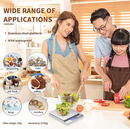 Digital Gram Scale 1000g/0.01g, Scale for Food Ounces and Grams, Upgrade USB Charging Kitchen Scale Digital Weight for Cooking, Baking, Tare Function, 9 Units, 2 Tray