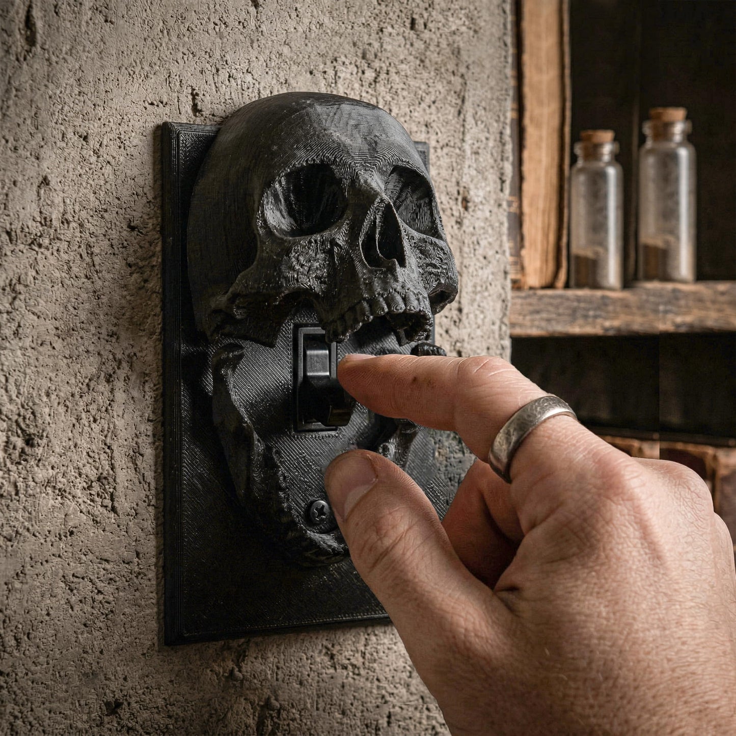 Gothic Skull Light Switch Cover - Goth Skeleton Lightswitch Outlet Plate Cover, 3D Printed Fun Single Toggle Standard Size for Bedroom Home Halloween Wall Decor, Black