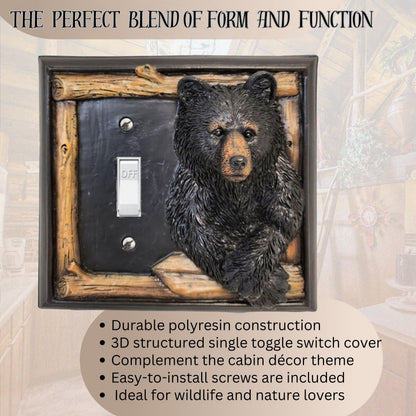 BestGiftEver Single Toggle Decorative Light Switch Cover Plate with Black Bear and Tree Branch Accents - Rustic Electrical Cover Plate for Lodge Cabin House Style Ideal for Wildlife and Nature Lovers