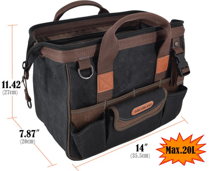 WELKINLAND 30-Pockets Canvas tool bag, 14-Inch Heavy Duty Waxed bags heavy duty, Tool duffel, Lineman Electrician for electricians,Tool men duty Black/Brown/Olive