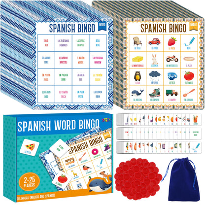 SpriteGru Spanish Bingo Game, 25 Bingo Board Spanish & English Vocabulary Word Game Bilingual Educational Toys for Language Learning - Ages 5 and up (Up to 25 Players)