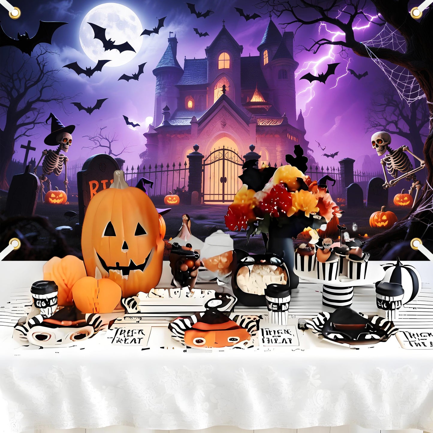 Halloween Backdrop 6x3.6ft Happy Halloween Backdrops for Photoshoot Jack O'Lantern Pumpkin Lantern Horror Moon Night Scary Cemetery Background with 19.68ft Rope for Adult Family Party Birthday Decor