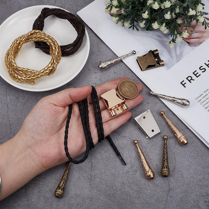 NICENEEDED Bolo Tie Making Kit, Bolo Tie Tips Replacement Accessories with 6 PCS Zinc Alloy Cord End 3 PCS Slide Clasps and 3 PCS Leather Necktie Cord, Western Style Tie Supplies for Bolo Tie Making