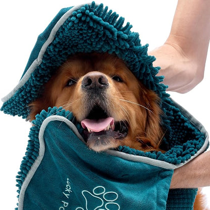 Lucky Pooch® Super Absorbent Shammy Dog Towel - Luxuriously Soft Hand Pockets – 34.5x12.5in – Quick Drying Microfiber Dog Bath Towel – Durable Dog Towels for Drying Dogs (Pack of 1, Teal)