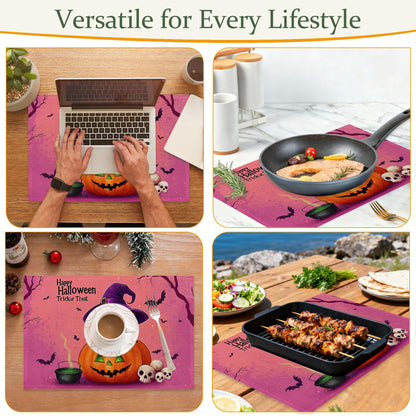 Black Cat Table Placemats Set of 6,Non-Slip Halloween Pumpkin Fabric Placemats for Dining Room Kitchen Party Holiday, Indoor Cloth Table Mats for Home Decor 11.8x17.7 Inch