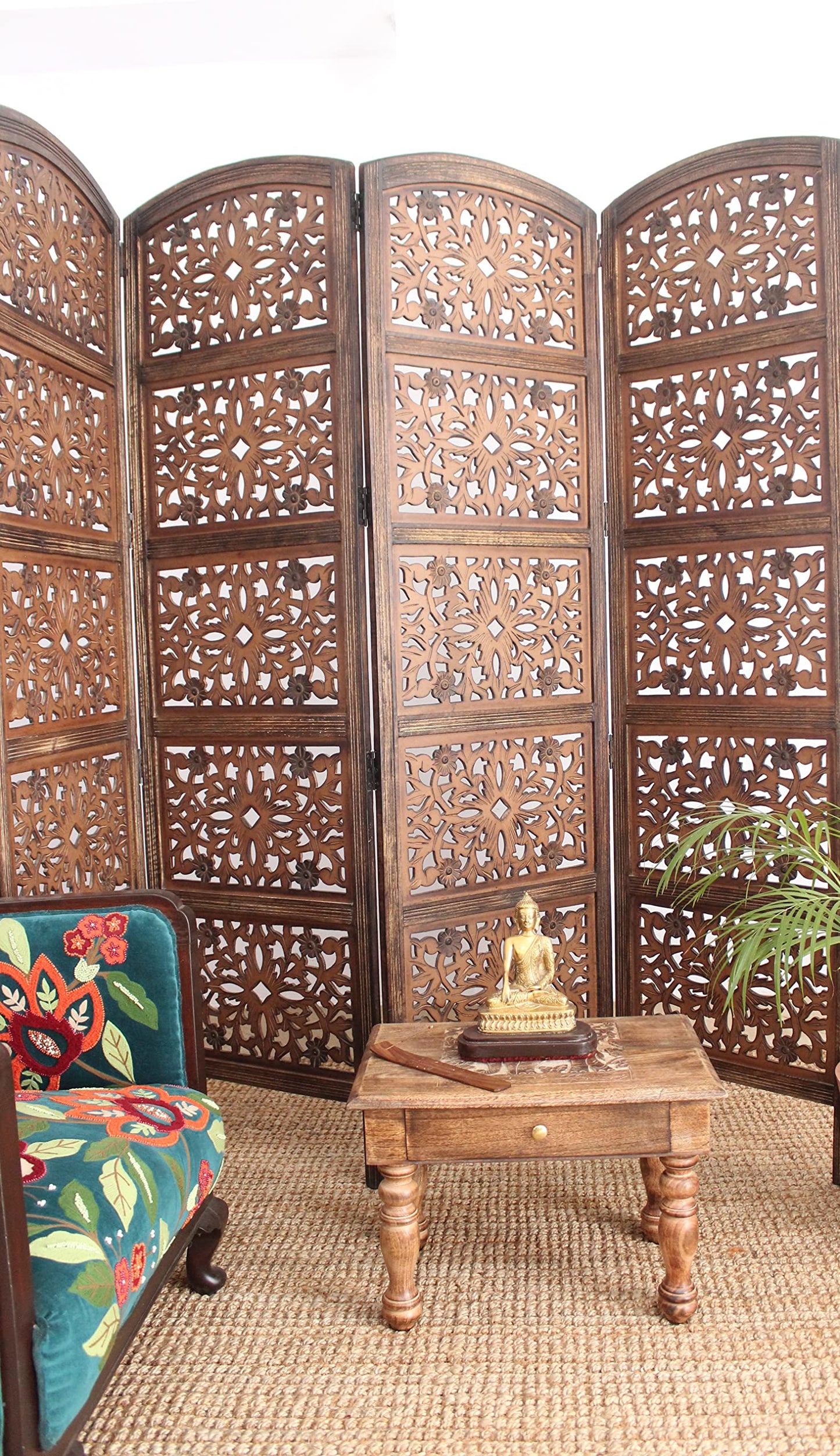 Room Divider Wood Screen - Rajasthan Antique Brown - 4 Panel Folding 72 x 80 - Intricate Hand Carved Decorative Functional Versatile Portable Partition Reversible Freestanding Privacy - COTTON CRAFT