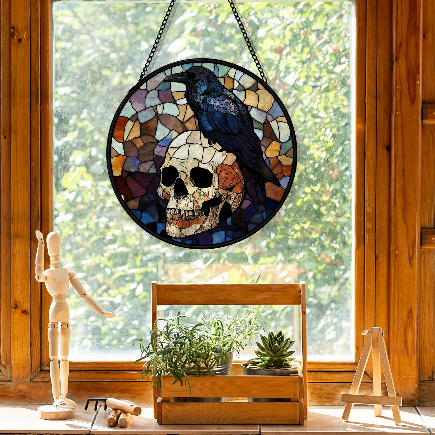 Hxlac Black Raven Halloween Suncatcher Stained Glass Window Hanging, Gothic Skull Black Crow Sun Catchers Indoor Window Glass Round Wall Decor, Halloween Raven Wall Art Hanging Decorations, ＂7.8x7.8＂