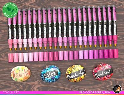 TOOLI-ART 22 Acrylic Paint Markers Paint Pens Pro Color Series Set 3mm Medium Tip for Rock Painting, Glass, Mugs, Wood, Metal, Glass Paint, Canvas, DIY. Non Toxic, Waterbased, Quick Drying (PINK)