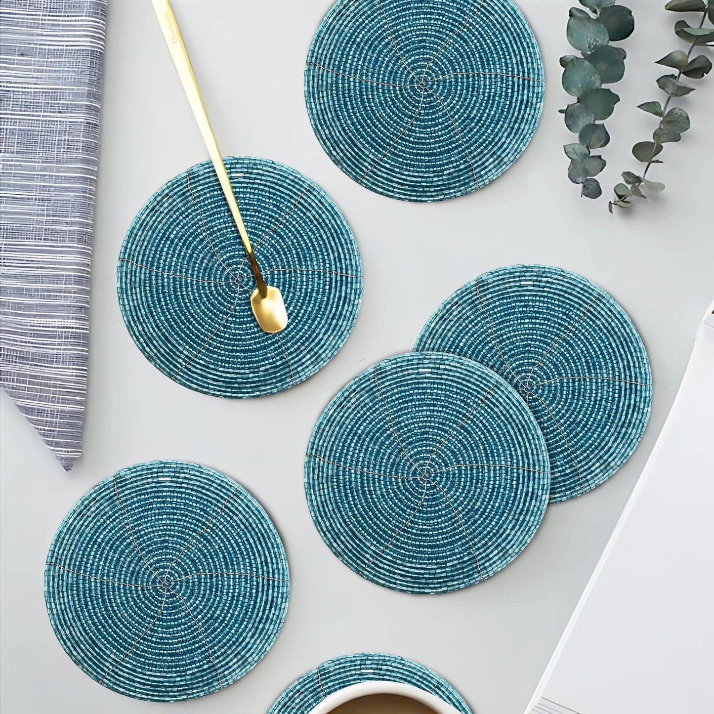 Handmade Beaded Bar Drink Tabletop Protection Coasters - Set of 4 - Halloween Harvest Autumn Fall Thanksgiving Holiday Christmas Xmas Celebration Festive Party 4" Round - Teal
