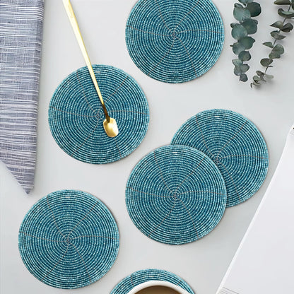 Handmade Beaded Bar Drink Tabletop Protection Coasters - Set of 4 - Halloween Harvest Autumn Fall Thanksgiving Holiday Christmas Xmas Celebration Festive Party 4" Round - Teal
