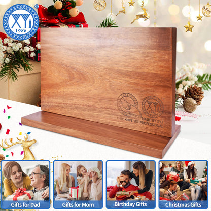 XYJ Authentic Since 1986, Magnetic Knife Block, Double Side Kitchen Knife Stand, Acacia Wood, Magnetic Knife Holder with Strong Enhanced Magnets,Knives Storage Rack Stand for Home Kitchen