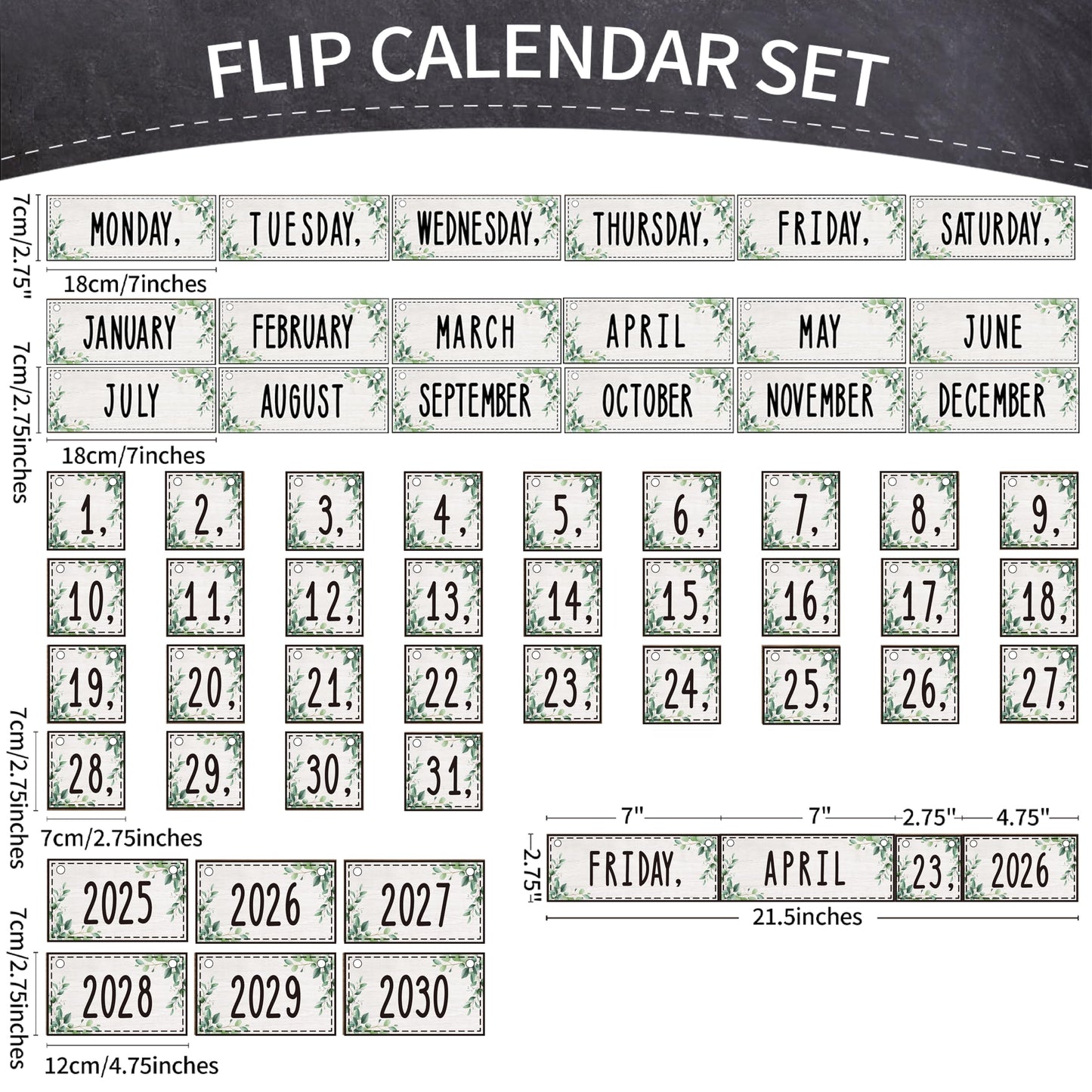Flip Calendar Bulletin Board Set Classroom Decorations for Whiteboard with Adjustable Flip Calendar Rod Holder Date Cards Days of The Week for Classroom School Supplies(Greenery)