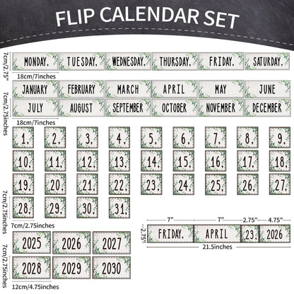 Flip Calendar Bulletin Board Set Classroom Decorations for Whiteboard with Adjustable Flip Calendar Rod Holder Date Cards Days of The Week for Classroom School Supplies(Greenery)