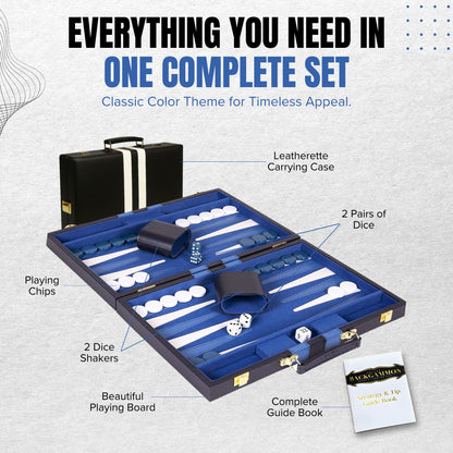 Premium Backgammon 18 Inches Large Blue - Backgammon Sets for Adults and Kids - Leatherette Back Gammon Board Game Set - Travel Backgammon Set Board Encased with Accessories