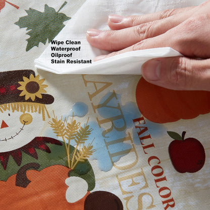 Newbridge Fall Hayride & Happy Scarecrow Vinyl Tablecloth with Flannel Backing, 52 x 70 Inch Rectangle – Gingham Turkeys & Pumpkins Rustic Thanksgiving Table Cover