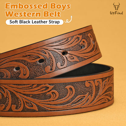 UpFind Boys Western Leather Belt Engraved Kids Cowboy Belt with Pin Buckle for Jeans Pant School Uniform Dress Up, 1.5" Wide