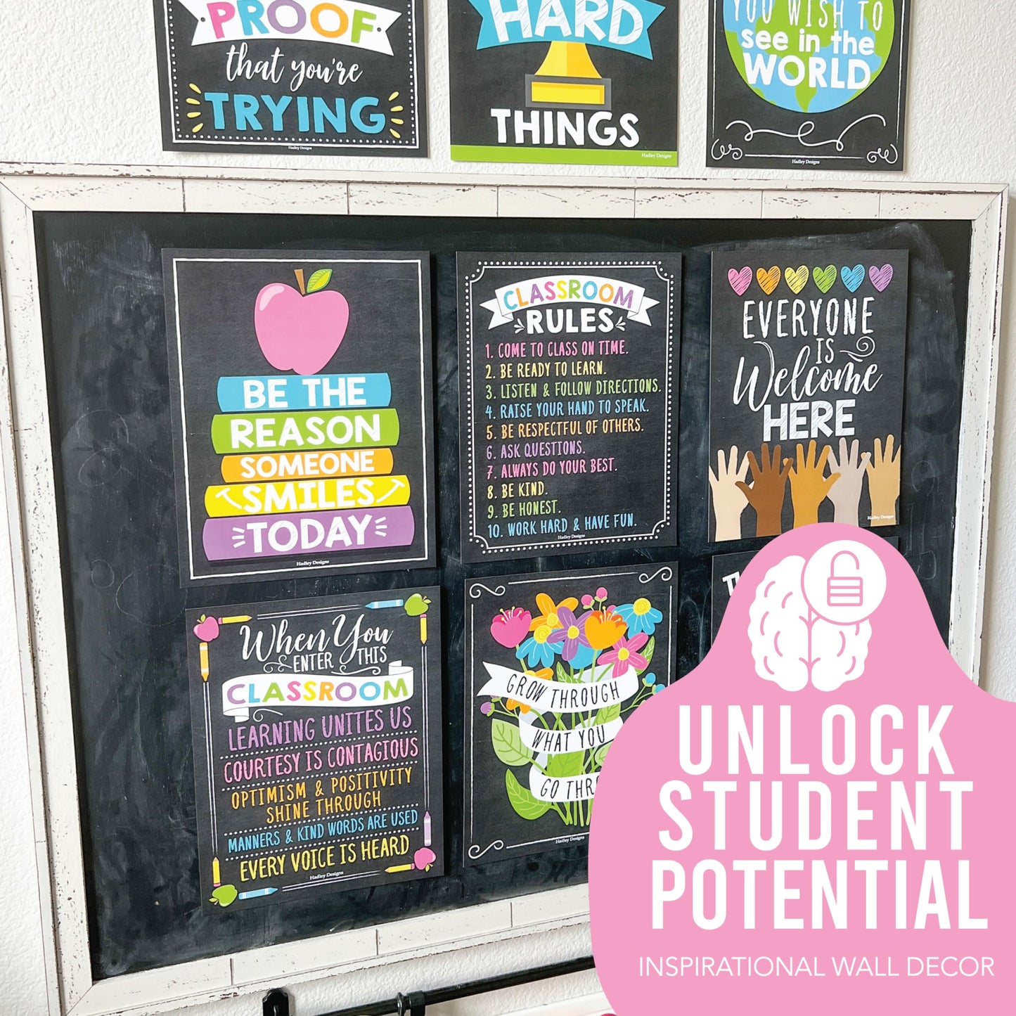 Hadley Designs Motivational Posters for Classroom Decor -9 Growth Mindset Classroom Posters Elementary, Positive Poster Middle School, Inspirational Wall Art, Chalkboard Teacher Bulletin Board Decor