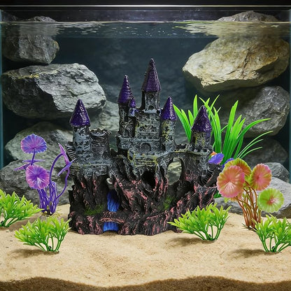 Aquarium Resin Castle Decor with 7 Pcs Artificial Plastic Plants, Fish Tank Decorations Accessories Set Landscaping Ornaments for Betta Guppies Shrimp Hideout Cave
