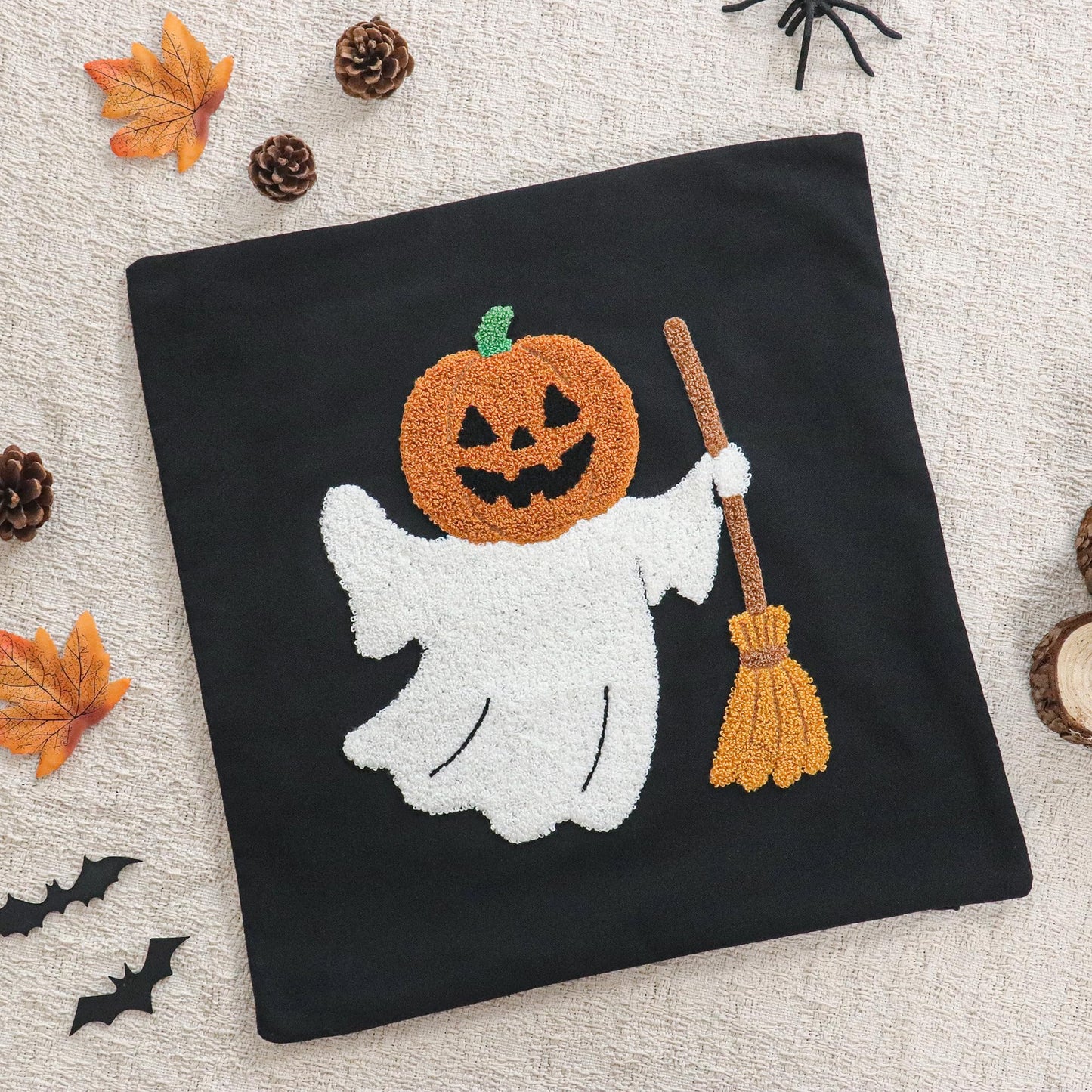 Jonhier Halloween Black Throw Pillow Cover, Embroidered Pumpkin Ghost Decorative Cushion Case for Sofa Bed Patio, Textured Pillowcase Thanksgiving Fall Decor Indoor Outdoor (Pumpkin Man, 18” x 18”)