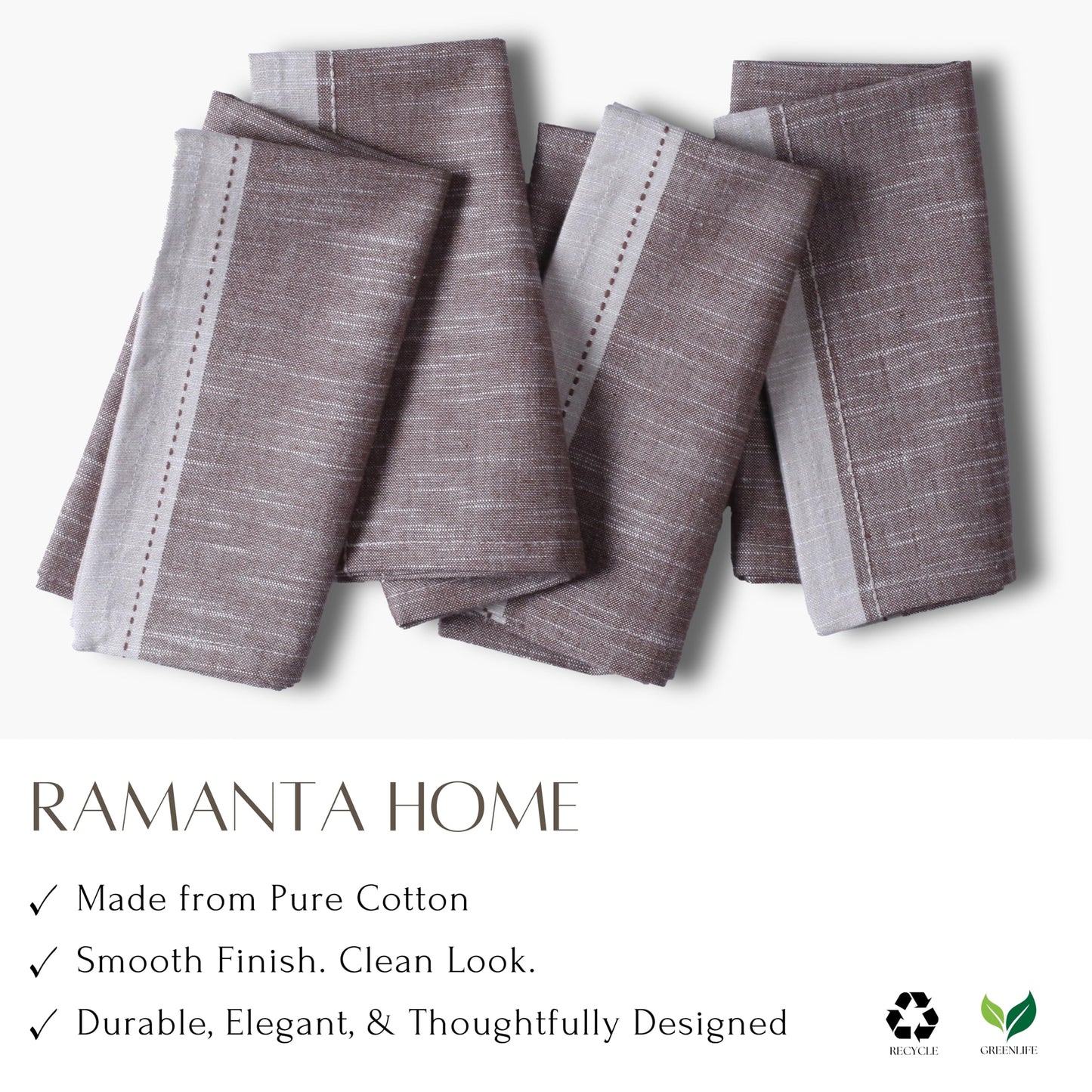 Ramanta Home Cloth Napkins Set of 4 Textured Cotton Brown 18x18 - Premium Contrast Border Easter Dinner Napkins for Spring Basket Decor Farmhouse Wedding, Soft Washable Table Linen for Everyday Use