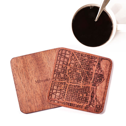 Milwaukee Map Coaster by O3 Design Studio, Set Of 4, Sapele Wooden Coaster With City Map, Handmade