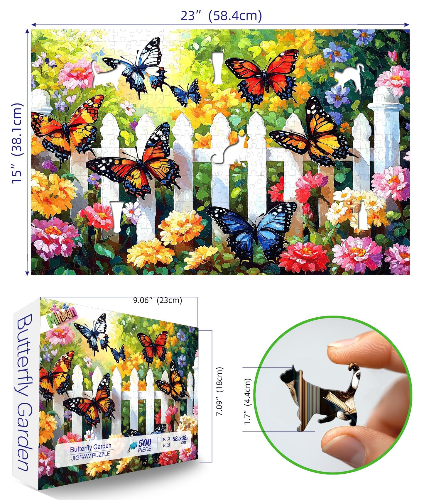 MINIWAN 500 Piece Puzzles for Adults - Vibrant Butterfly Garden Jigsaw Puzzle, 23x15 Inches with Unique Irregular Shaped Pieces for Relaxation & Home Wall Decor
