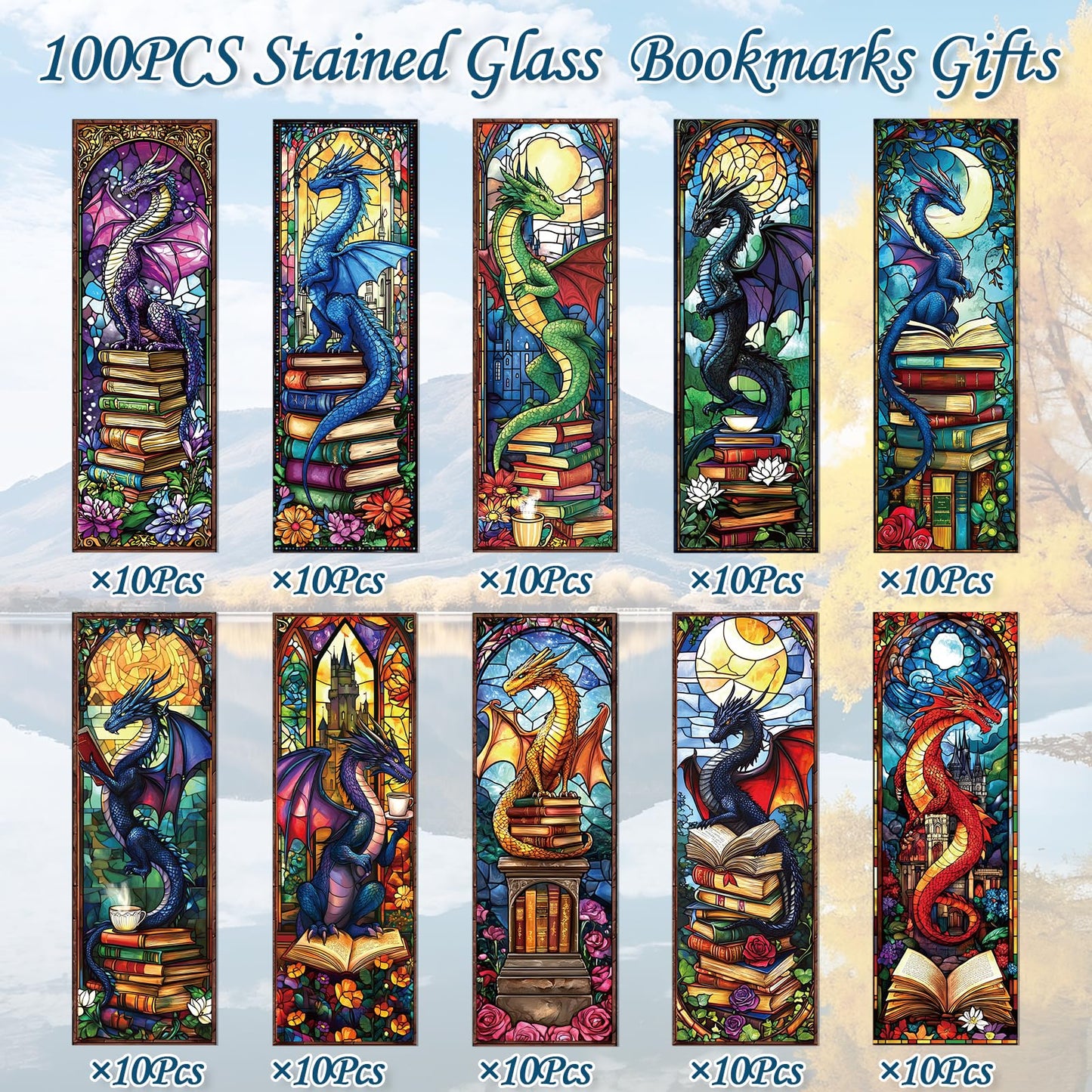 Wxiben Stained Glass Dragon Bookmarks - 100 Pcs Fantastic Bookmark Dragon with Wing Book Marks Cool Animal Book Markers Page Clip GIFS for Men Teens Students Teacher Romantasy Reader Bookish Bookworm