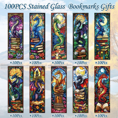 Wxiben Stained Glass Dragon Bookmarks - 100 Pcs Fantastic Bookmark Dragon with Wing Book Marks Cool Animal Book Markers Page Clip GIFS for Men Teens Students Teacher Romantasy Reader Bookish Bookworm