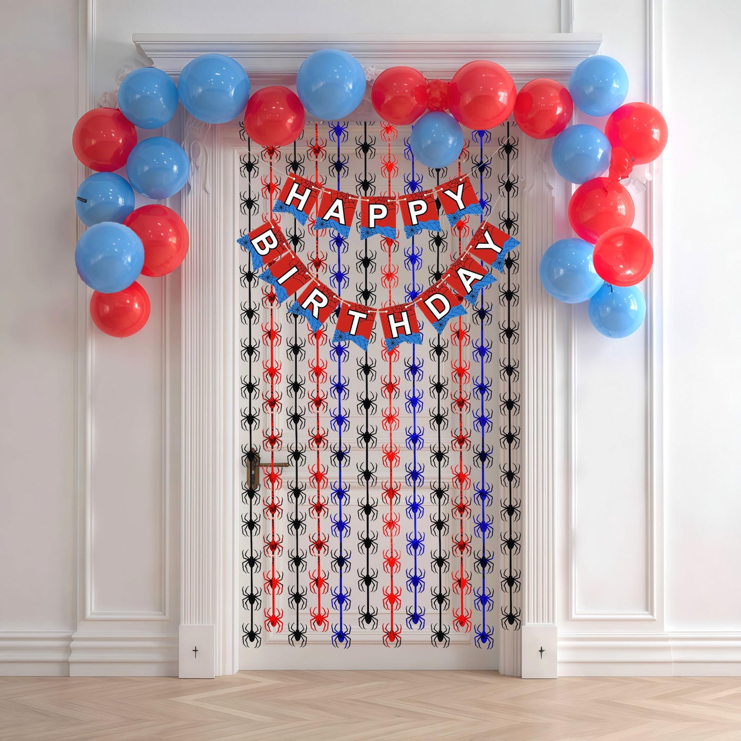 OQOQ Spider Birthday Decorations, 1 Set Banner & 2 Pcs Red Black Blue Spider Tinsel Foil Fringe Curtains Backdrops (3.3x6.6 ft), Large Birthday Photo Booth Props Indoor Party Boy Room Decor