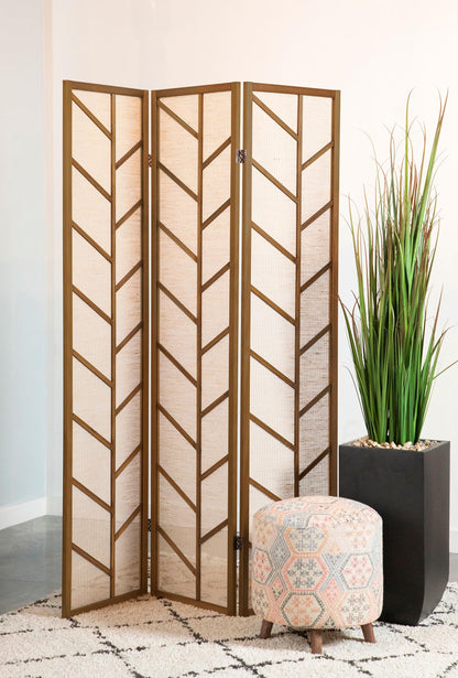 Coaster Home Furnishings - Mila - Pine Wood - 70-Inch 3-Panel Room Divider Folding Shoji Screen with Linen Fabric, Metal Hinges, and Contempandary Style - Living Room & Bedroom - Walnut - 962923
