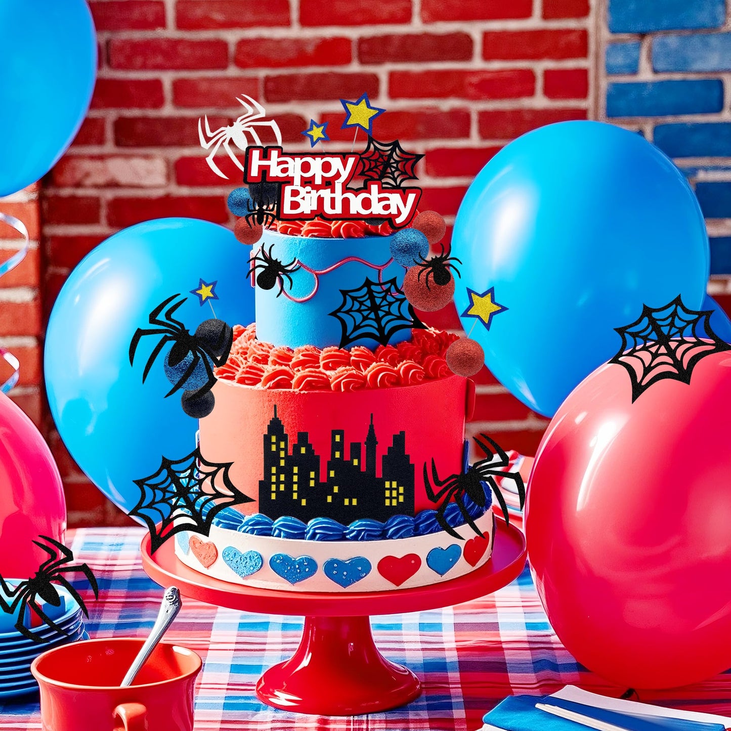 Firleayo 36pcs Spider Cake Topper Spider Web Cake Decoration Spider Themed Cake Decorations Glitter Red Blue Black Balls City Star Cupcake Topper for Boys Men Birthday Party Baby Shower Supplies